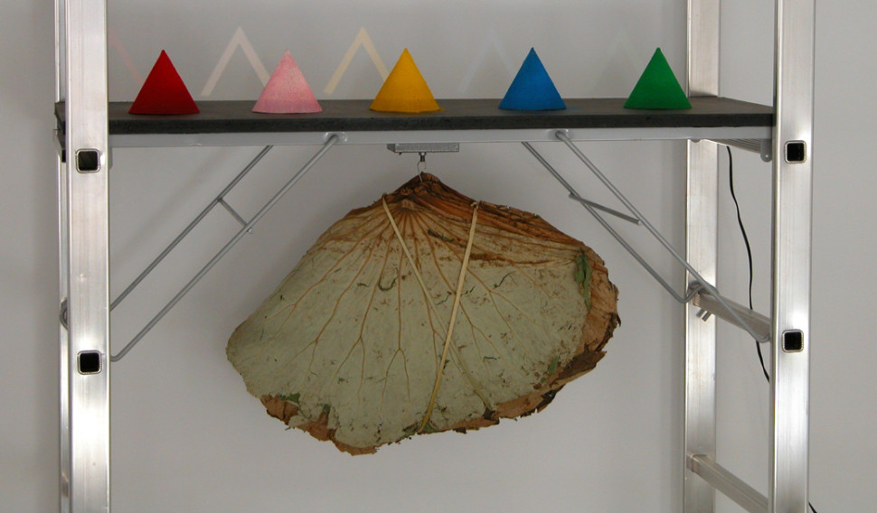 Rémi Boinot / “Dépeindre !” /installation /  2000 / (250x50x30 cm) / /pigments, moteur de boule à facettes, feuilles de lotus, projecteur